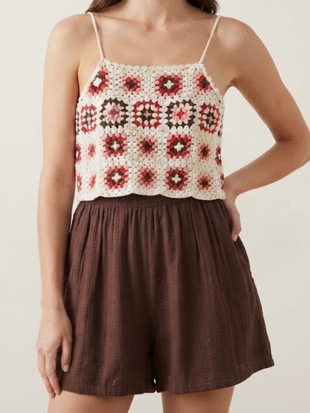 Lucky Brand Crochet Granny Square Boho Romper with Pockets